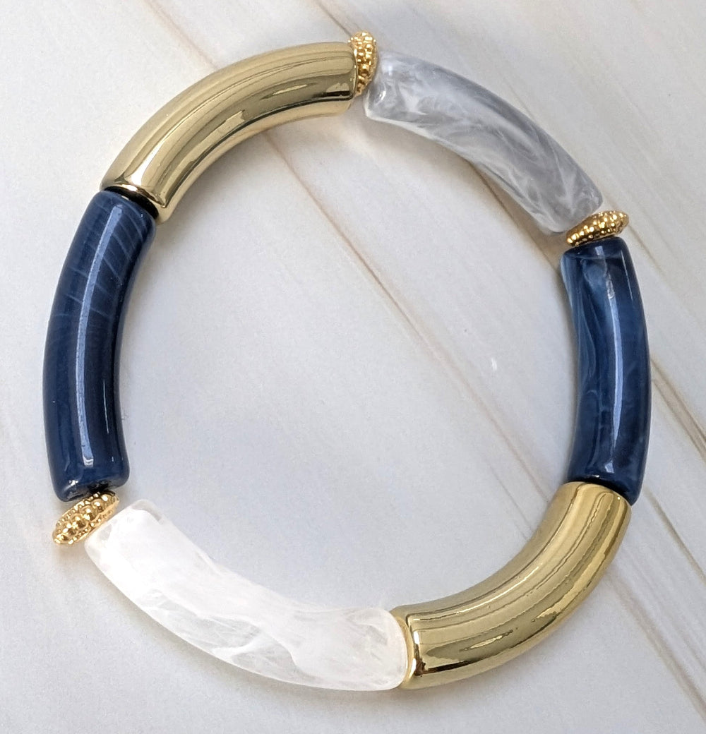 Bracelet résine modèle 25 bleu, gris et blancé translucide et doré