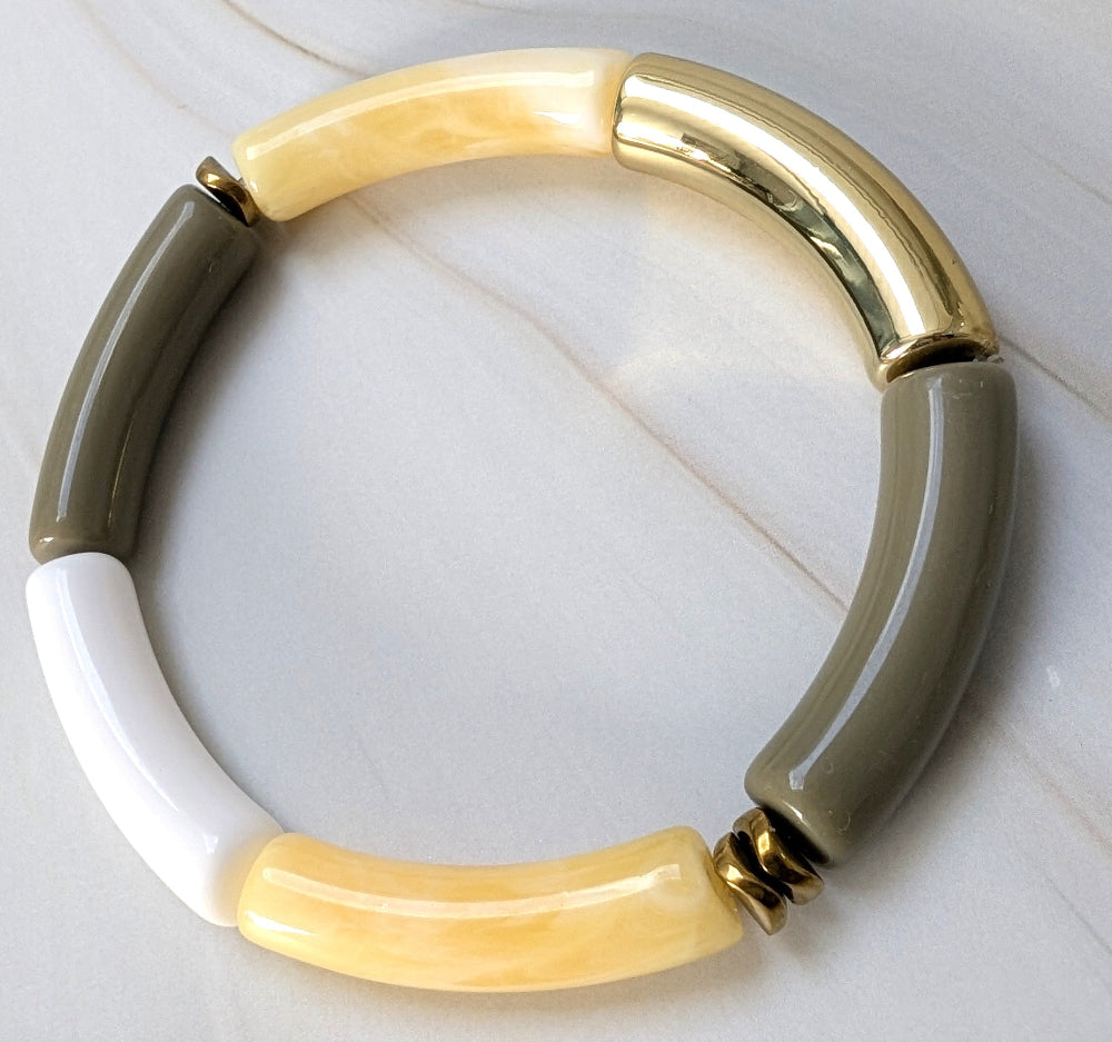 Bracelet résine modèle 26 jaune marbré, blanc cassé, kaki et doré