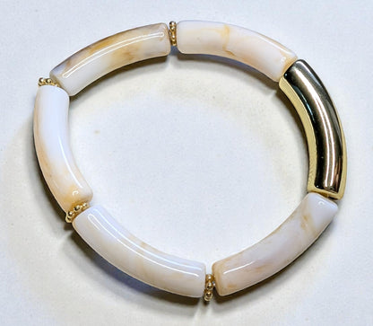 Bracelet élastique en perles de résine – doré, beige marron marbré