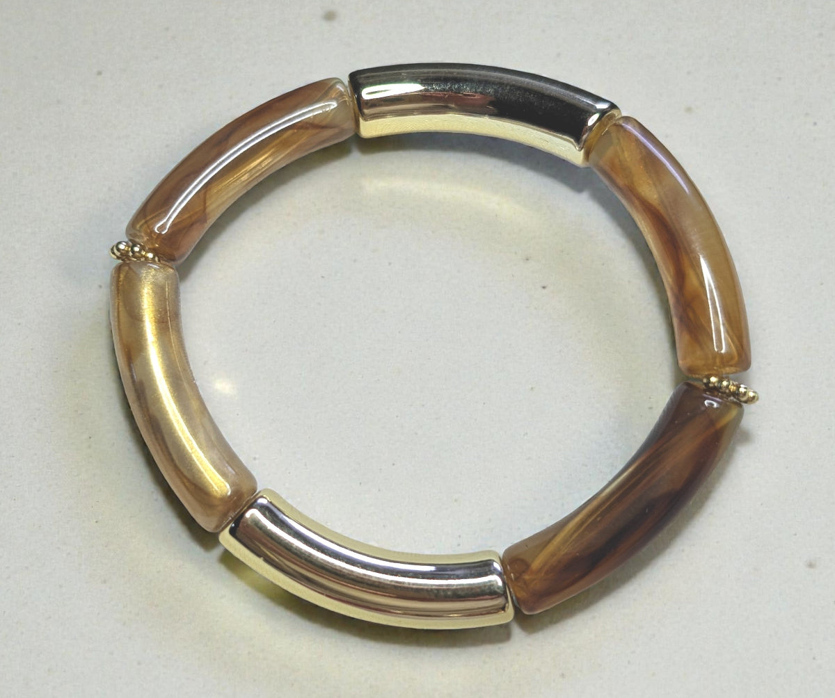 Bracelet élastique en perles de résine – doré et marbré bronze nacré
