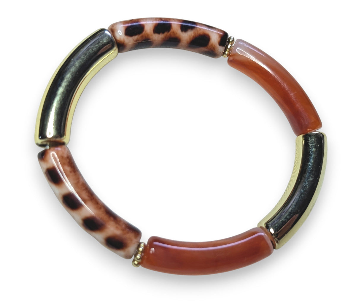 Bracelet élastique en perles de résine – doré marbré brique et tacheté.