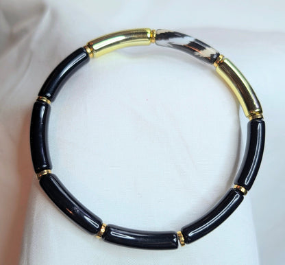 Bracelet fin en résine automne hiver –doré, noir, crème et tacheté noir et beige