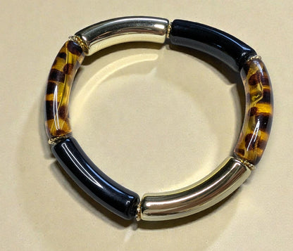 Bracelet élastique en perles de résine – doré, noir et léopard transparent