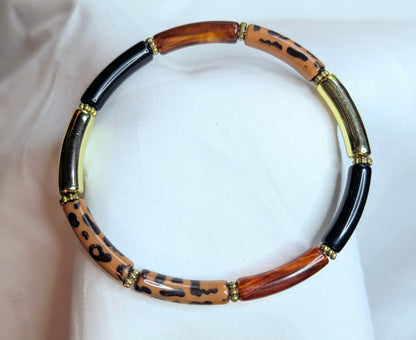 Bracelet fin en résine automne hiver –doré, noir, ambre et marron tacheté de noir