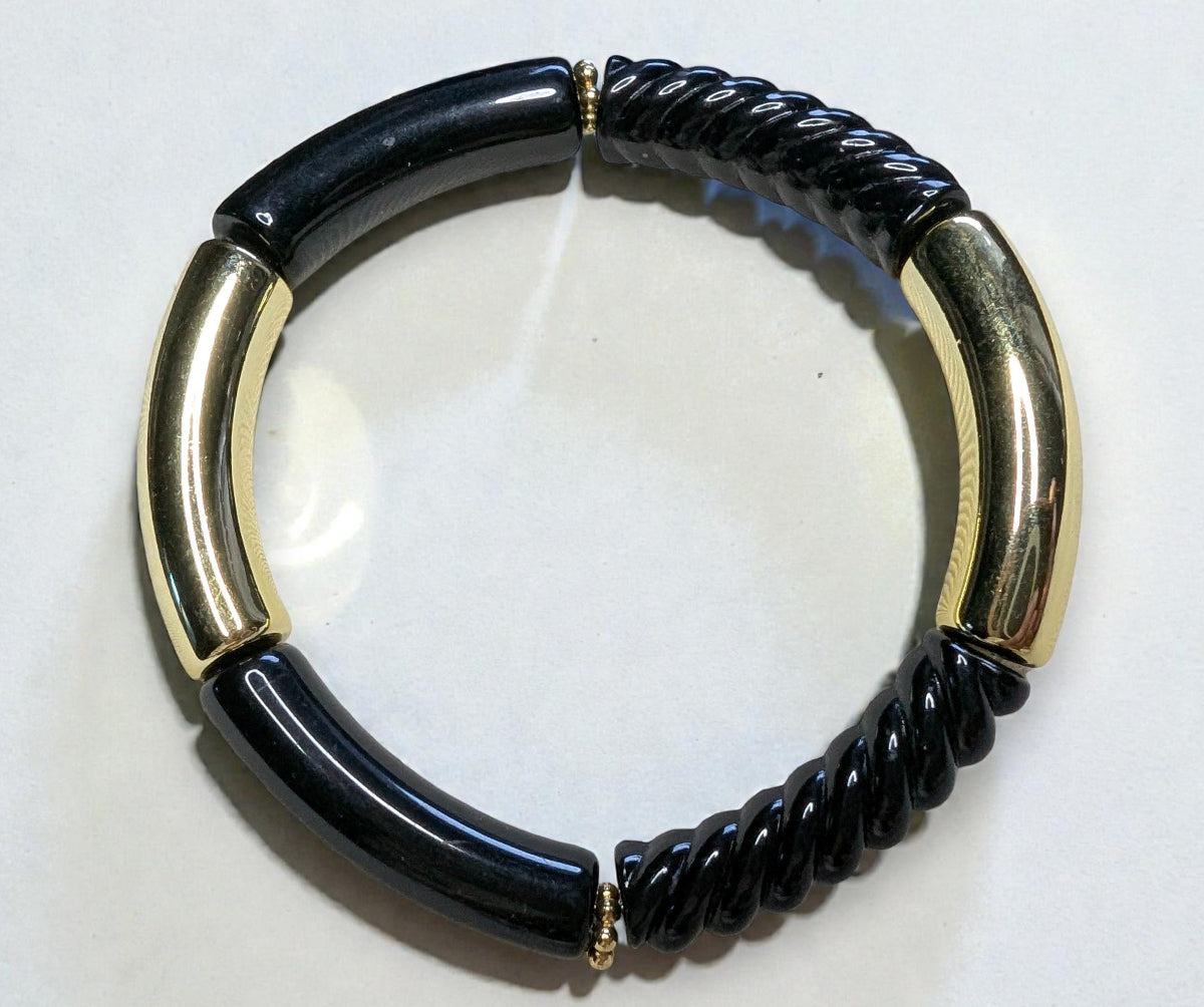 Bracelet élastique en perles de résine – doré, noir et noir torsadé