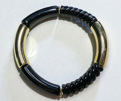 Bracelet élastique en perles de résine – doré, noir et noir torsadé