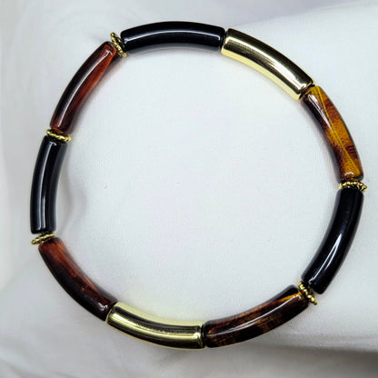 Bracelet fin en résine automne hiver –doré, noir, ambre et ambre tacheté transparent
