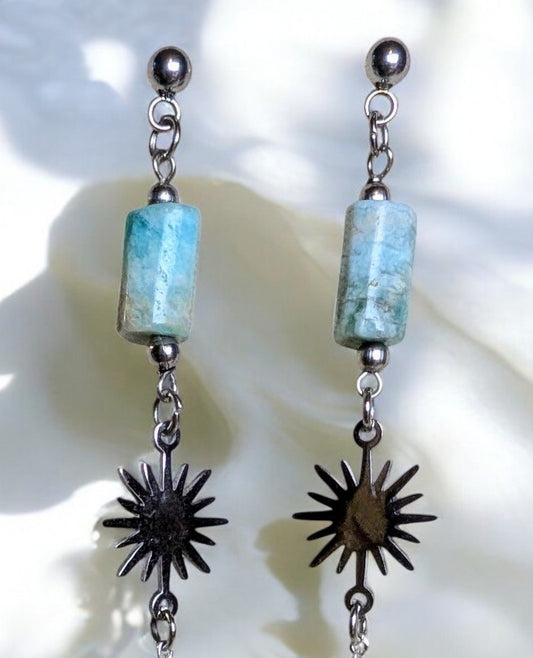 boucles d'oreilles avec perle colonne amazonite, connecteur soleil et chainette en acier inoxydable,. Zoom sur le haut des boucles