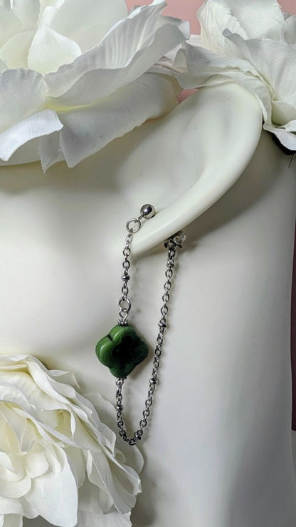Boucles d’oreilles Cléa  zoom sur le Trèfle vert et la chaine argentée. 