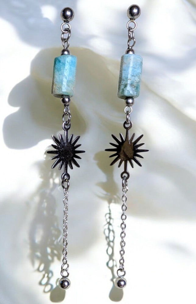 boucles d'oreilles avec perle colonne amazonite, connecteur soleil et chainette en acier inoxydable