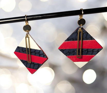 Boucles d'oreilles carrées en cuir tricolore bleu blanc rouge, acier inoxydable doré