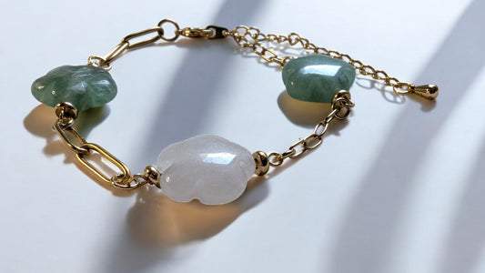 Bracelet Iséa en gros plan, mettant en avant l’amazonite, le quartz naturel et les chaînes en acier inoxydable doré.