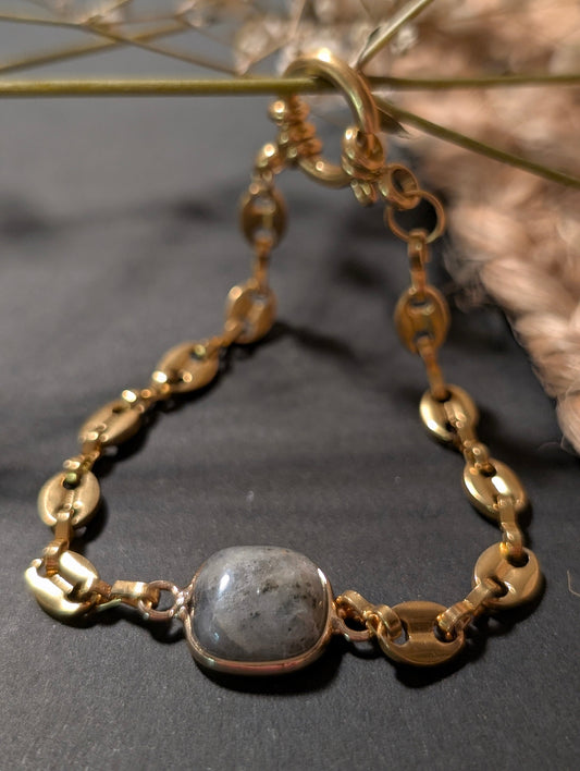 Bracelet Jadéa en jade vert gris et acier inoxydable doré