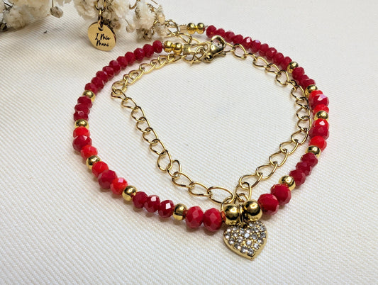 Bracelet Nola perles de verre facettées rouge et orangées avec cœur strass